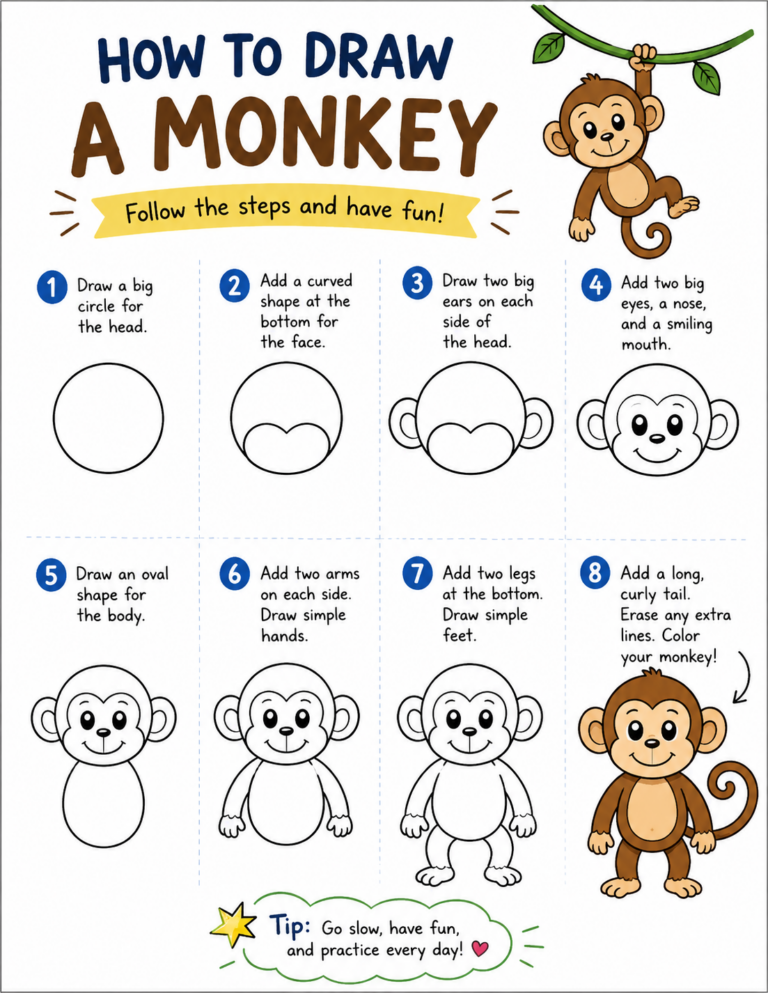 How to Draw a Monkey Step by Step for Kids + FREE PDF!